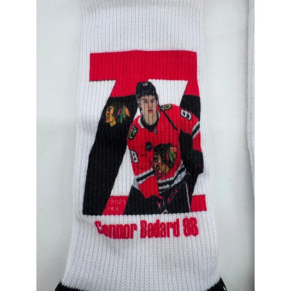 Connor Bedard 98 Crew Socks Mens White Chicago Blackhawks Hockey